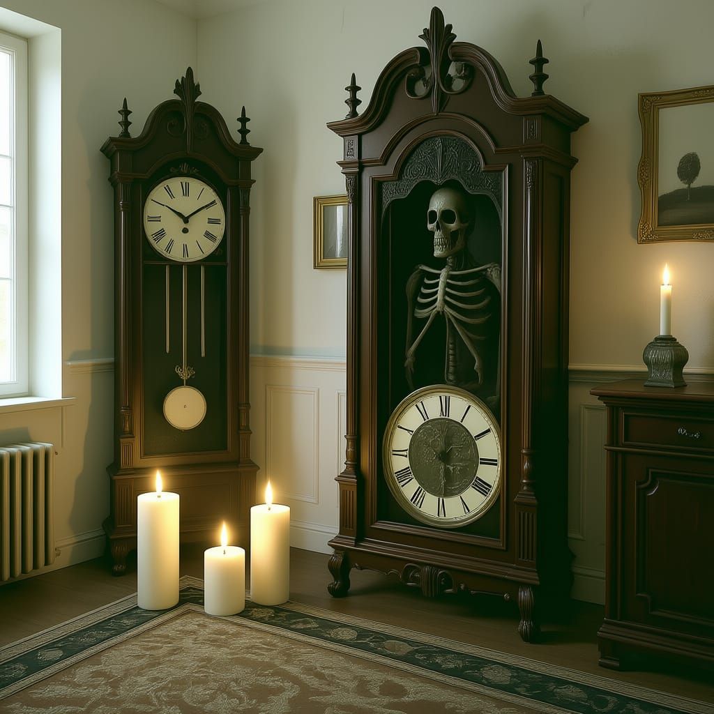 Victorian Grandfather Clock with Skeleton in Dusty Room