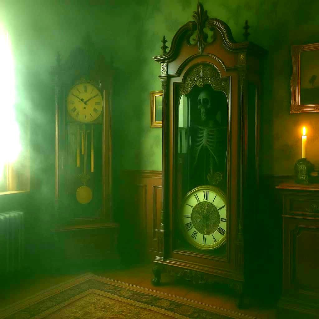 Victorian Grandfather Clock with Skeleton in Dusty Room