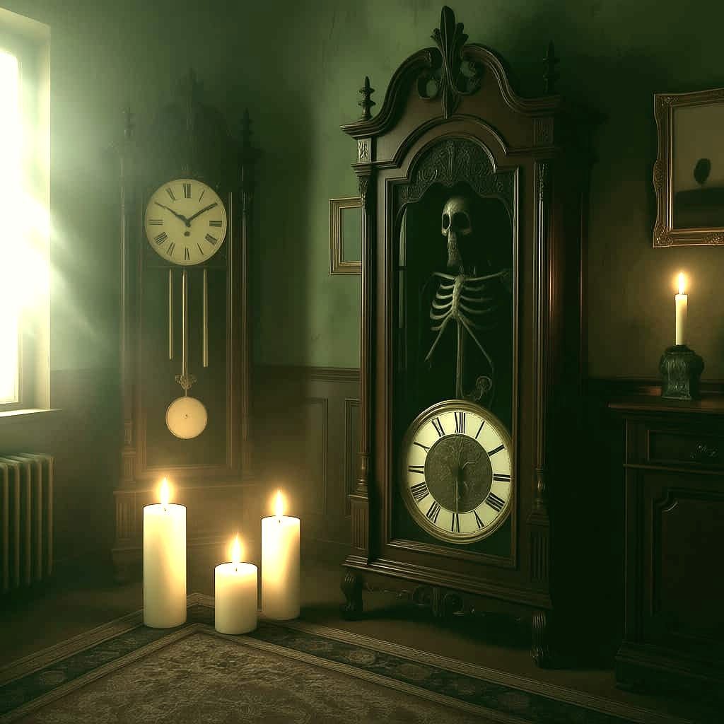 Victorian Grandfather Clock with Skeleton in Dusty Room