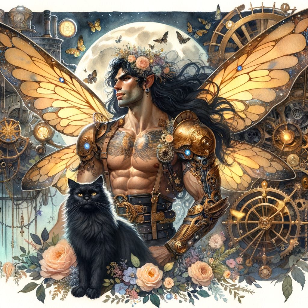 Steampunk Fairy Warrior Portrait in Watercolor Style