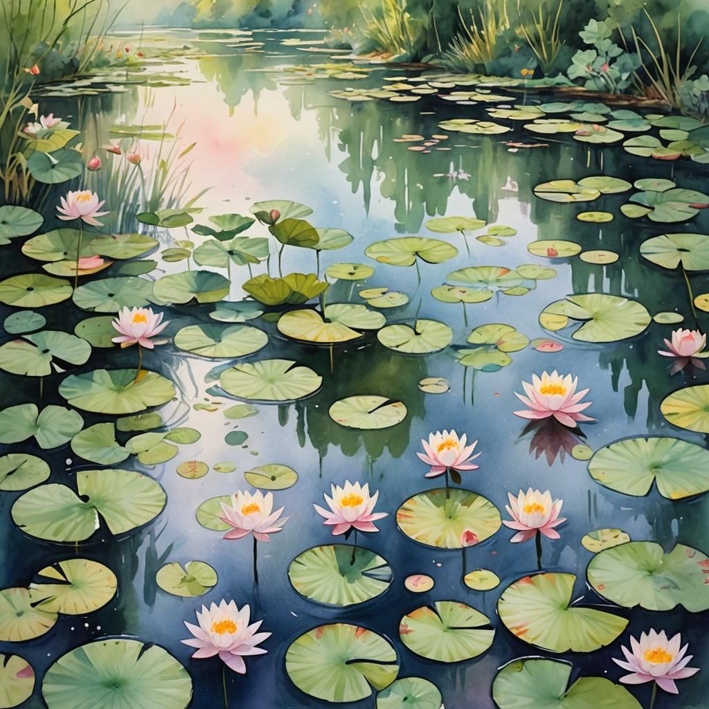 Watercolor Pond Landscape with Water Lilies