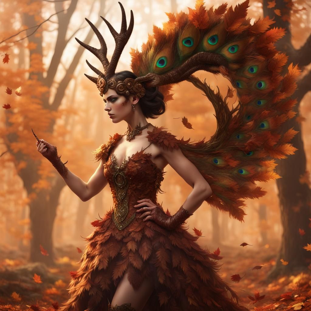 Autumn Faun with Peacock Tail in Wildfire