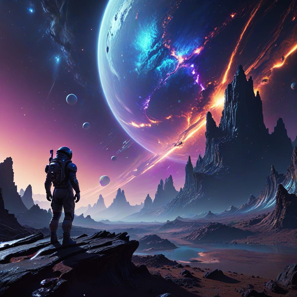 Astronaut on Alien Planet with Gas Giant