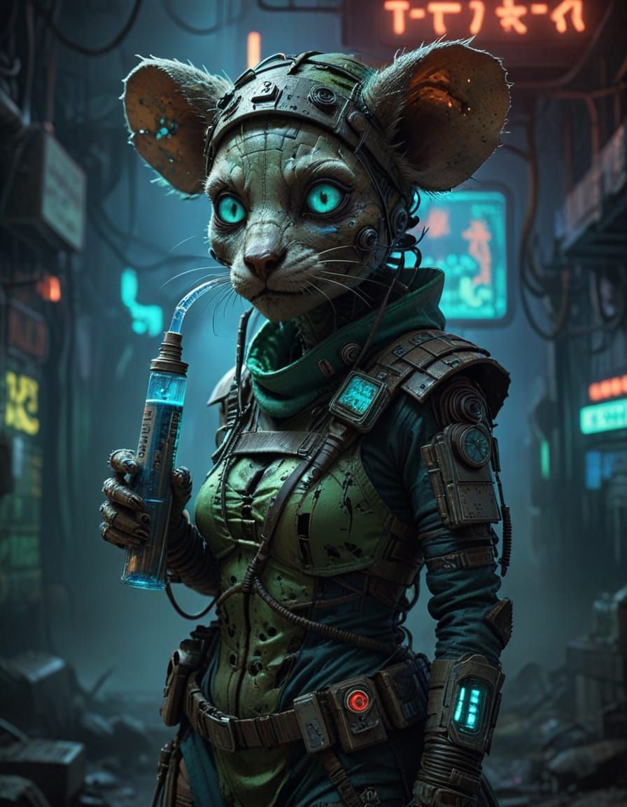 Cyberpunk Dark Fantasy Nurse Rat Girl with Neon Circuits