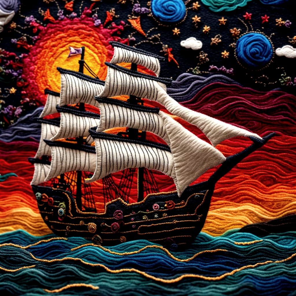 Galleon Sailing on Tranquil Sea in Felt Art Style