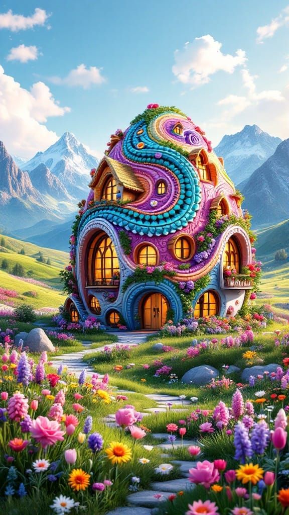 Surreal Easter Egg House Unfolds in Vibrant Valley Landscape