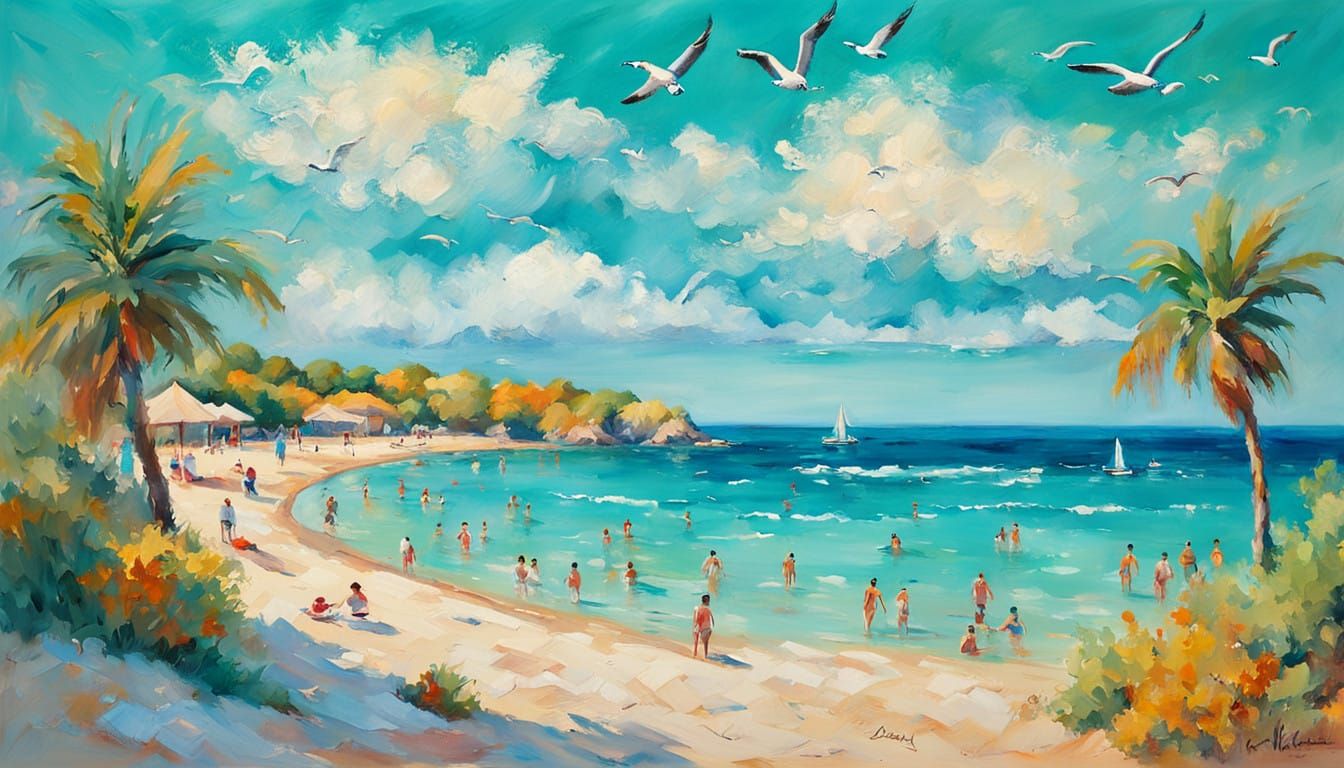Vibrant Summer Beach Scene in Impressionist Style