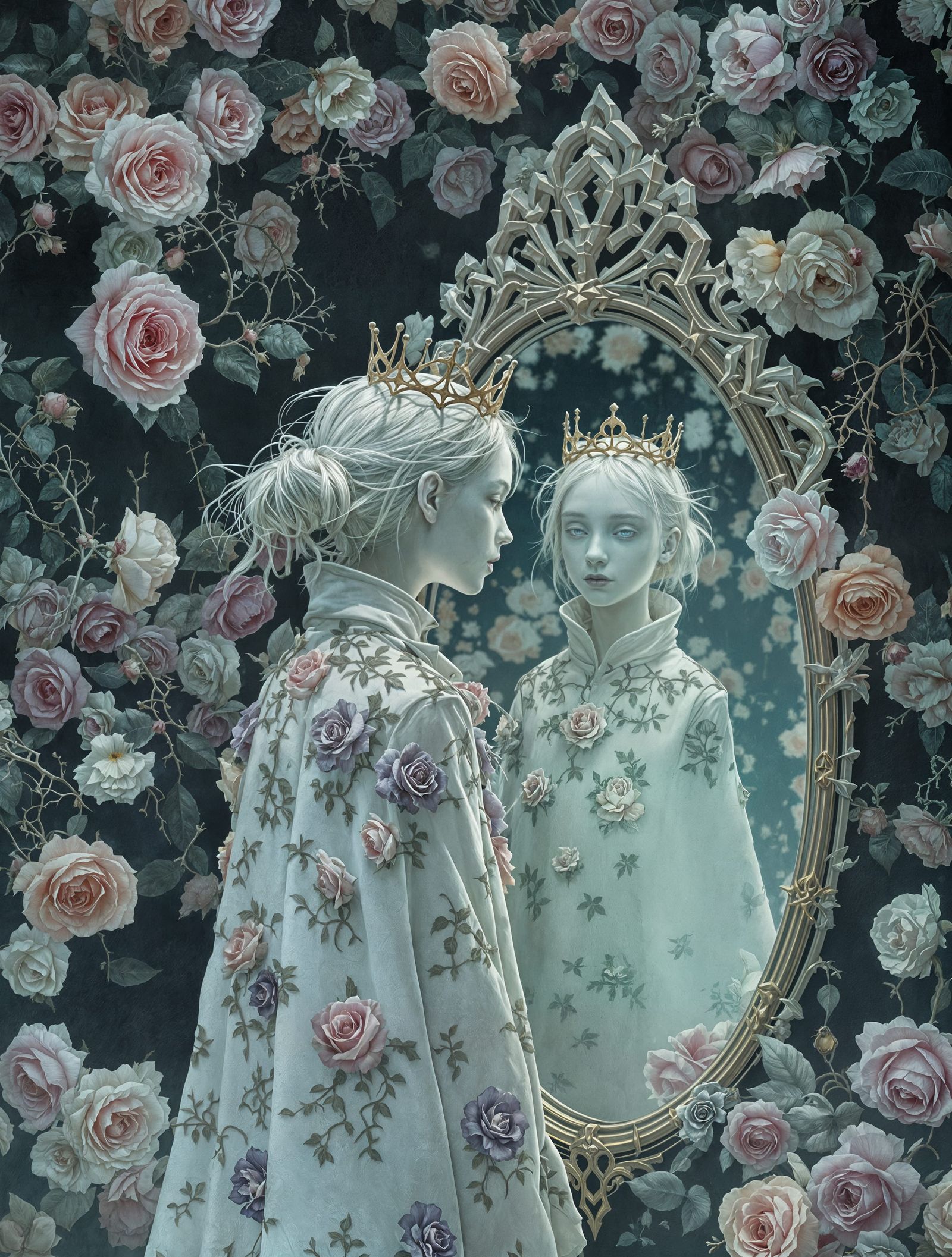 Ethereal Youth Stands at Edge of Tarnished Mirror