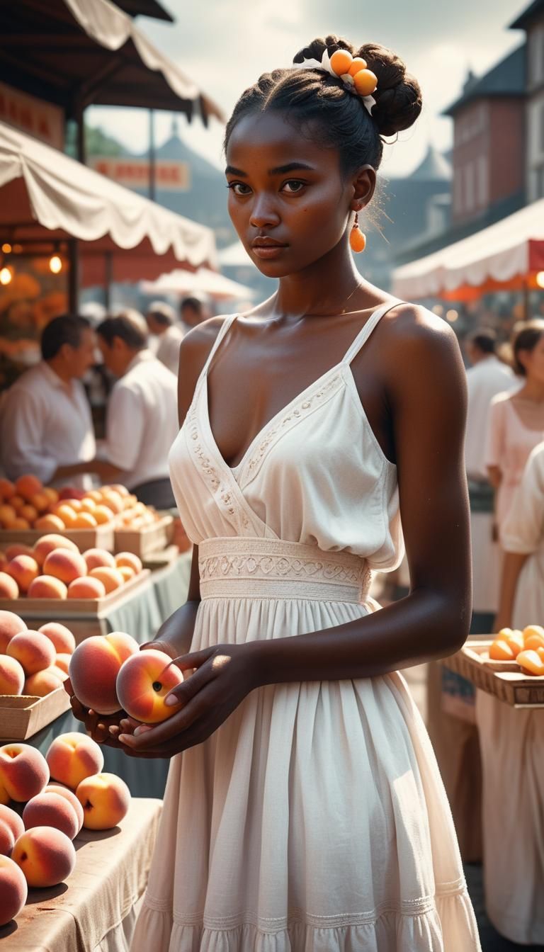 Woman with Peach: Natural Light Cinematic Photograph