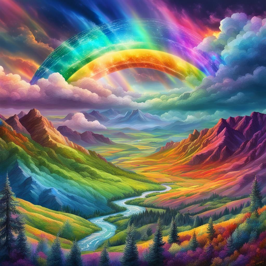 Rainbow Over Valley: Holographic Astral Illustration