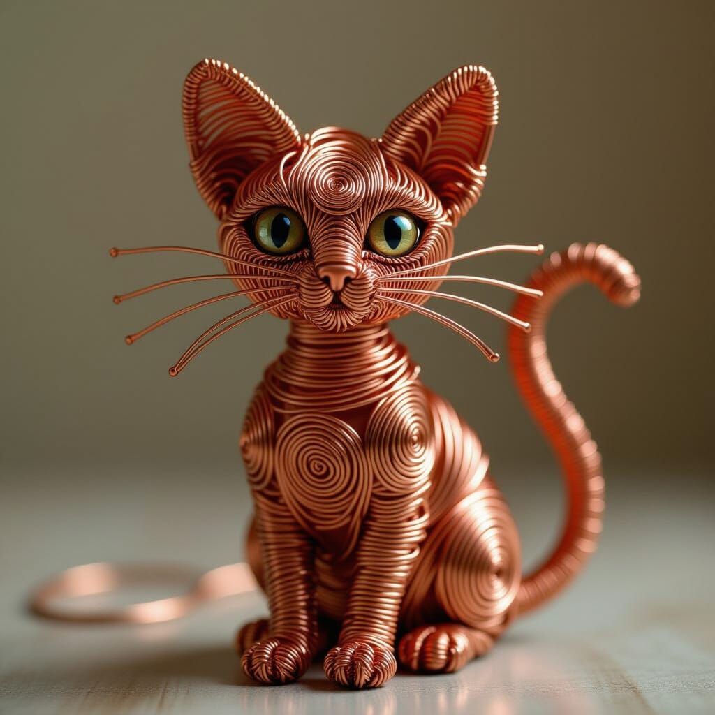 Stylized Copper Wire Cat Sculpture
