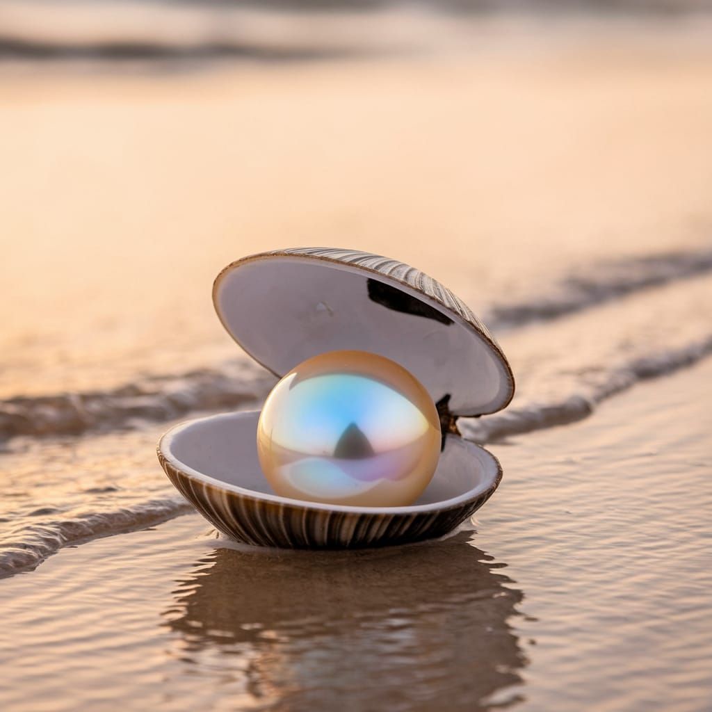 Serene Beachscape with Lustrous Pearl in Golden Light