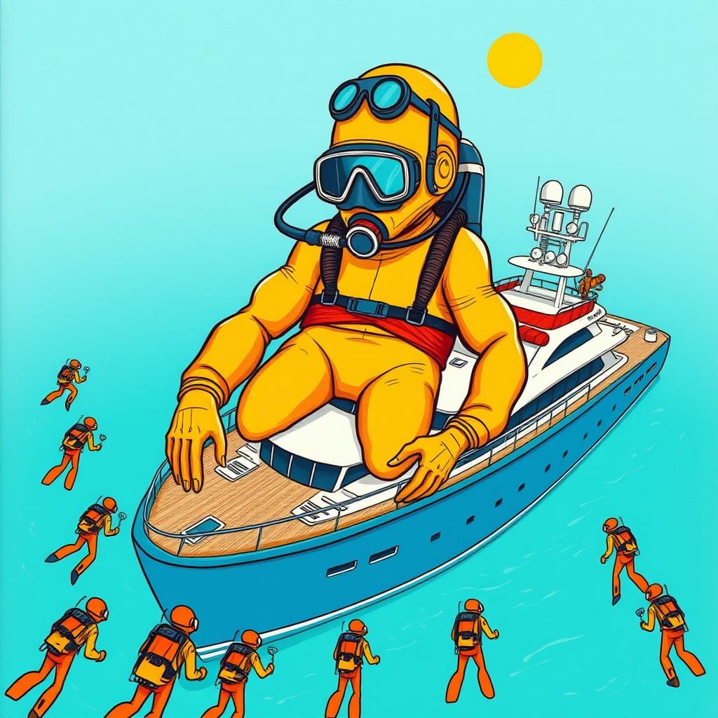 Colossal Scuba Diver Towers Over Yacht Illustration