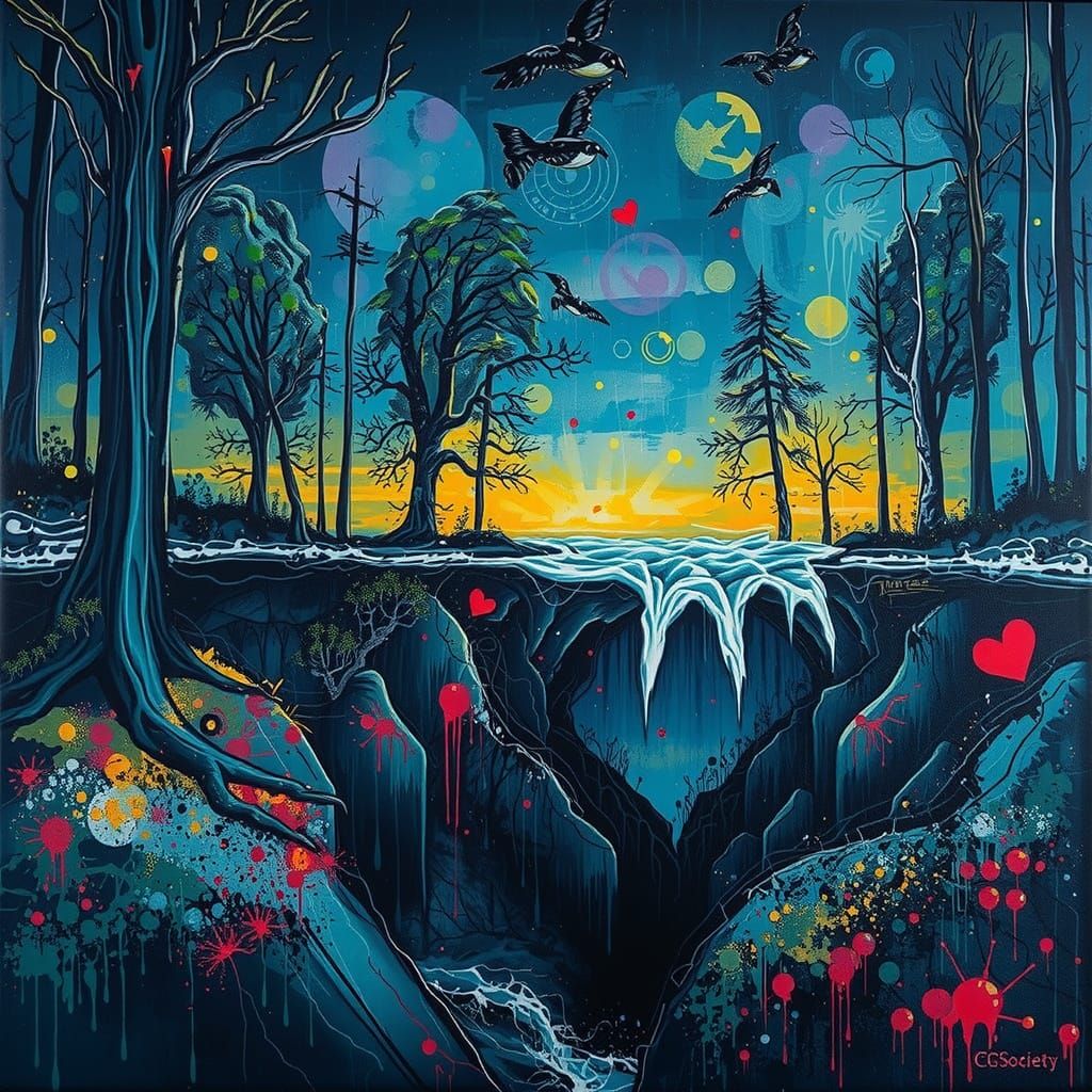 Surreal Forest Abyss in High Contrast Graffiti Style