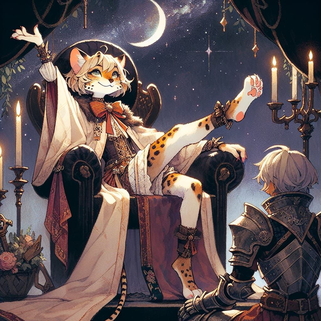 Anthropomorphic Ocelot Queen in High-Fantasy Anime Style