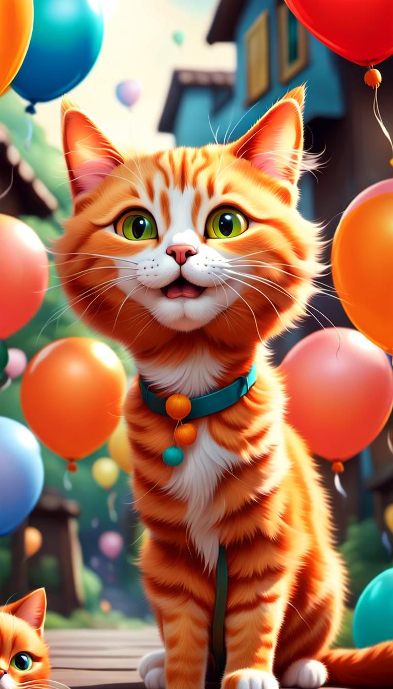 Adorable Anime Cat Amidst Colorful Balloons