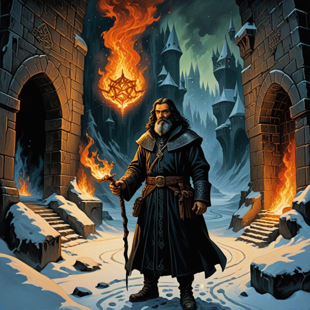 Cleric Explores a Snowy Dungeon Scene in a Vibrant Oil Paint...