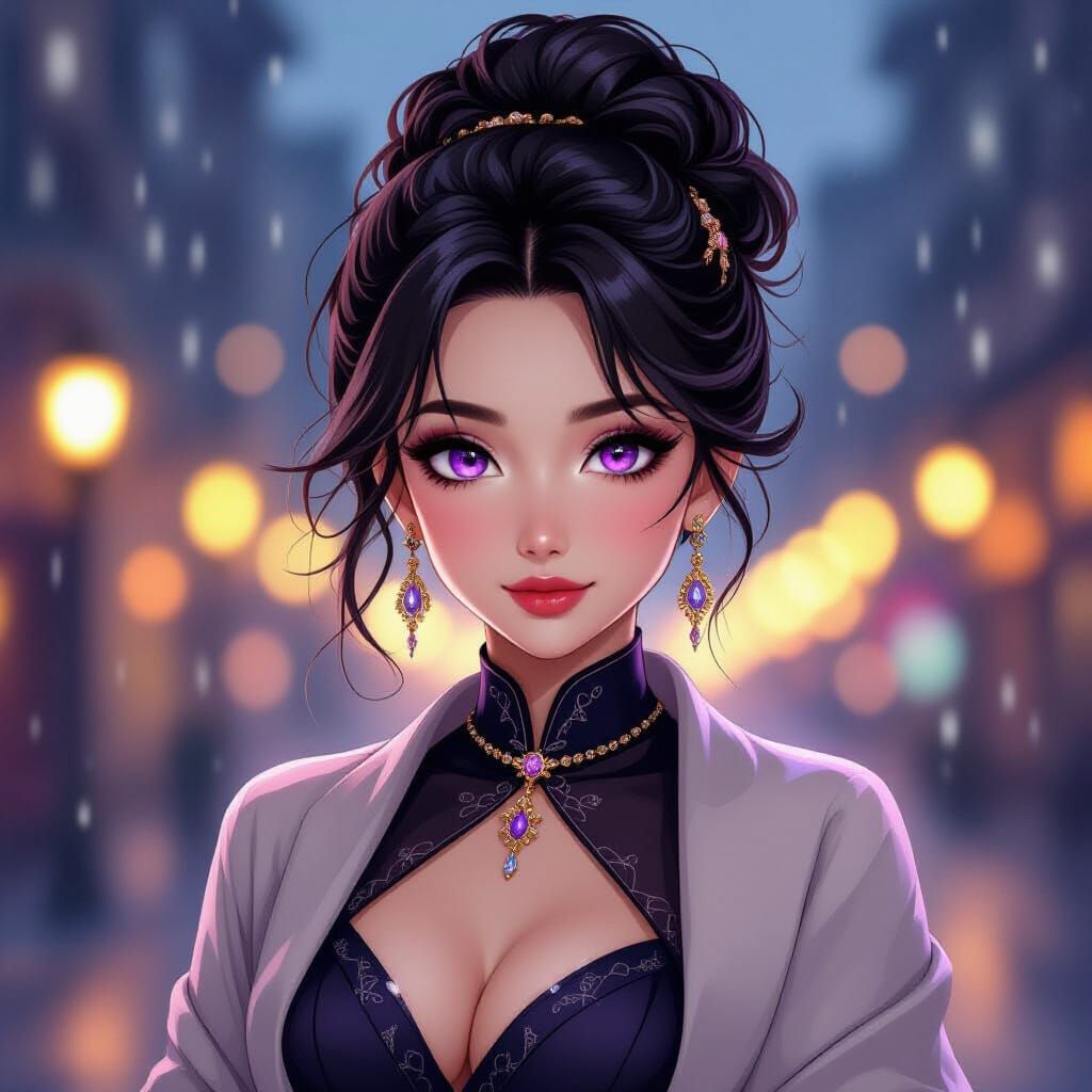 Anime Woman with Intricate Hair and Purple Eyes