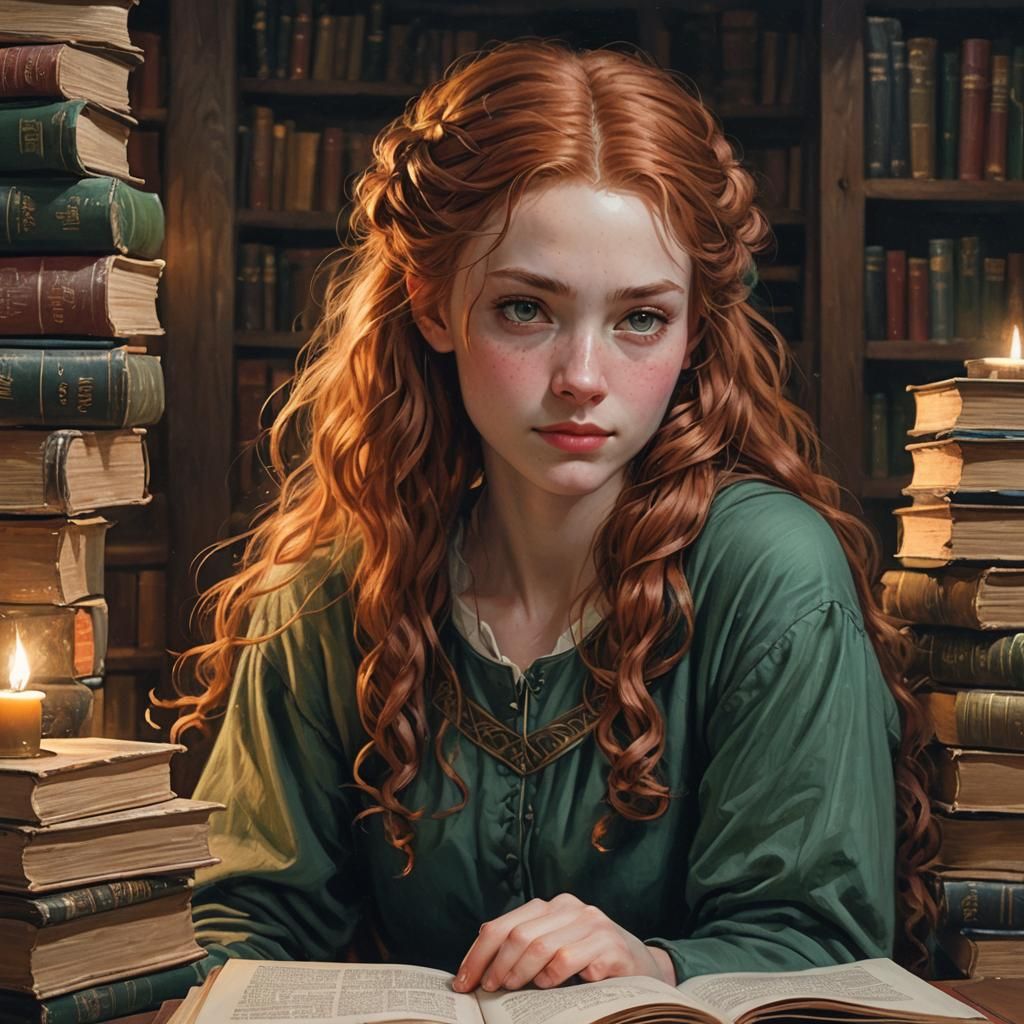 Norse Girl Reading by Candlelight in Hyperrealism