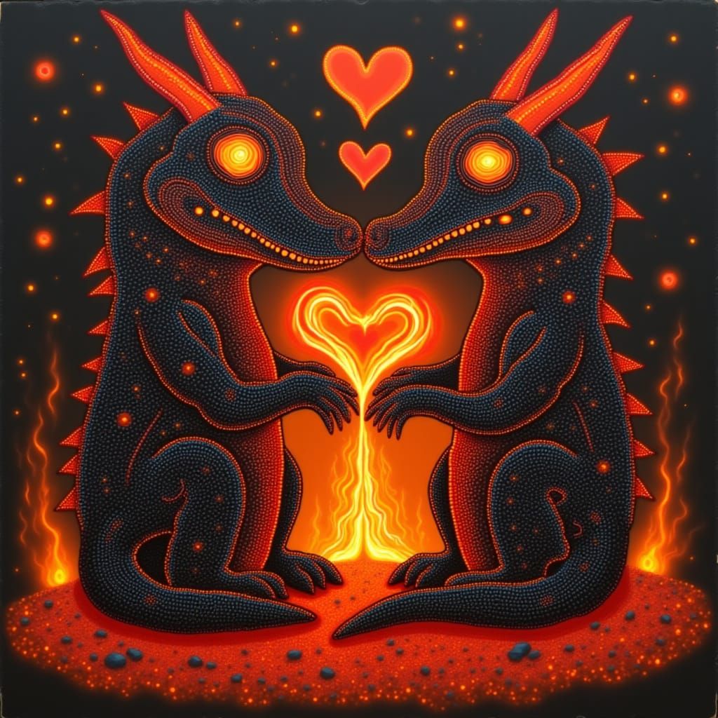 Cute Lava Creatures in Love with Erupting Volcano