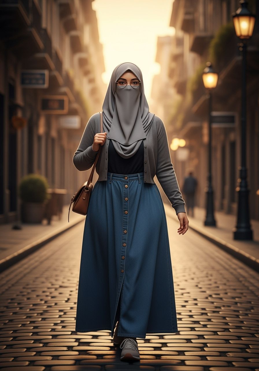 Niqabi Woman in Glasses Walking in Nostalgic City Evening Li...