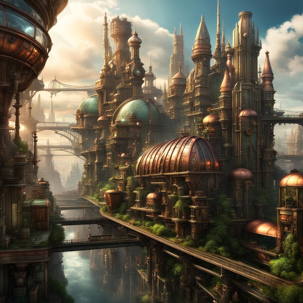 Steampunk City Vista with Greenhouses and Monorail