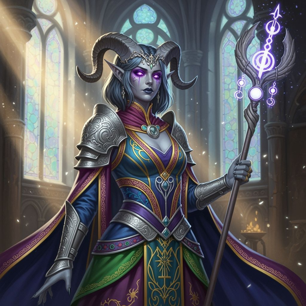 Fantasy Tiefling Healer with Purple Eyes and Horns