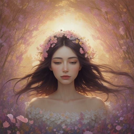 Dreamlike Woman Surrounded by Flowers: Surreal Oil Painting