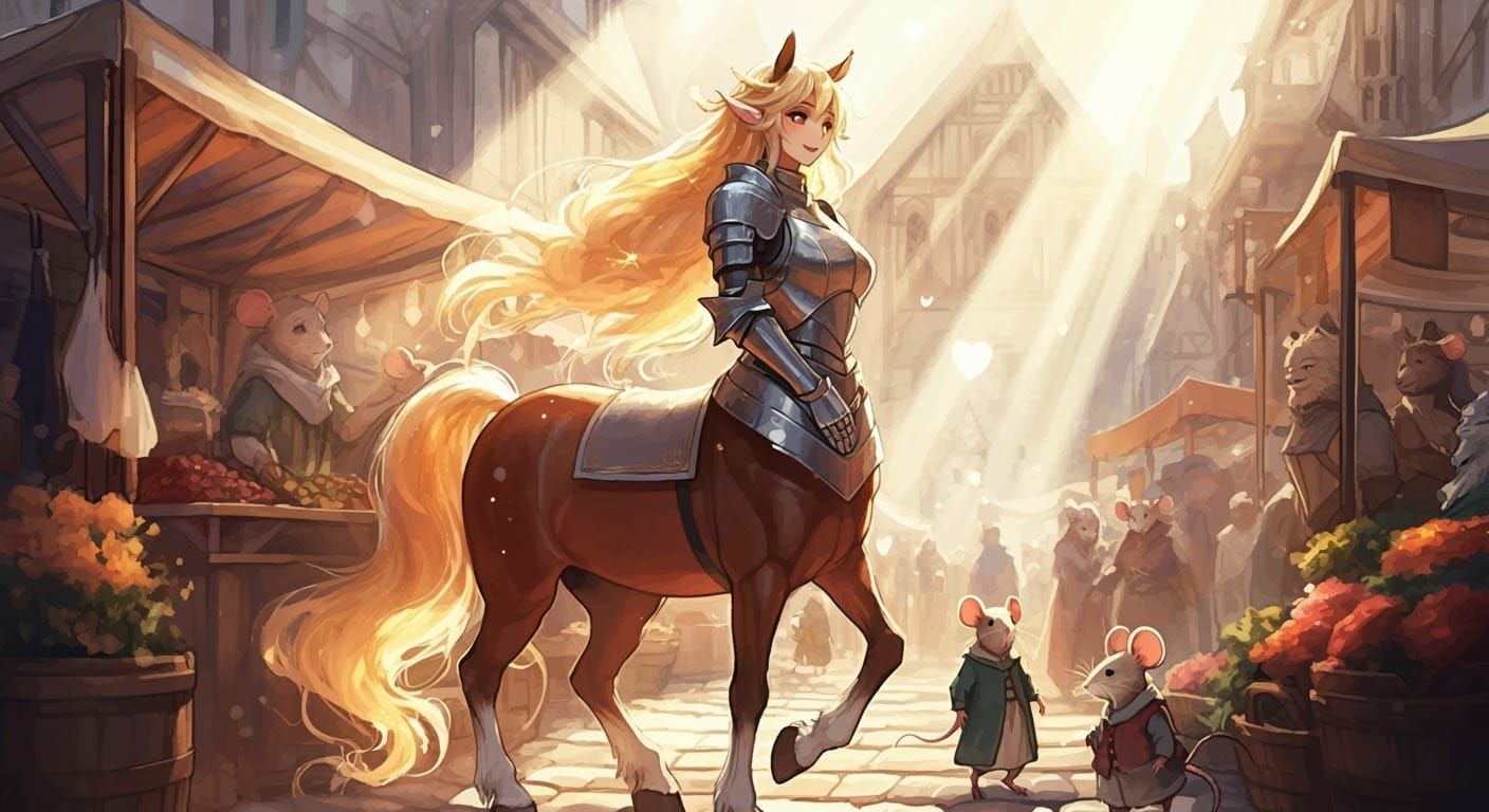 Centaur Woman in Bustling Market, Anime Graphic Novel