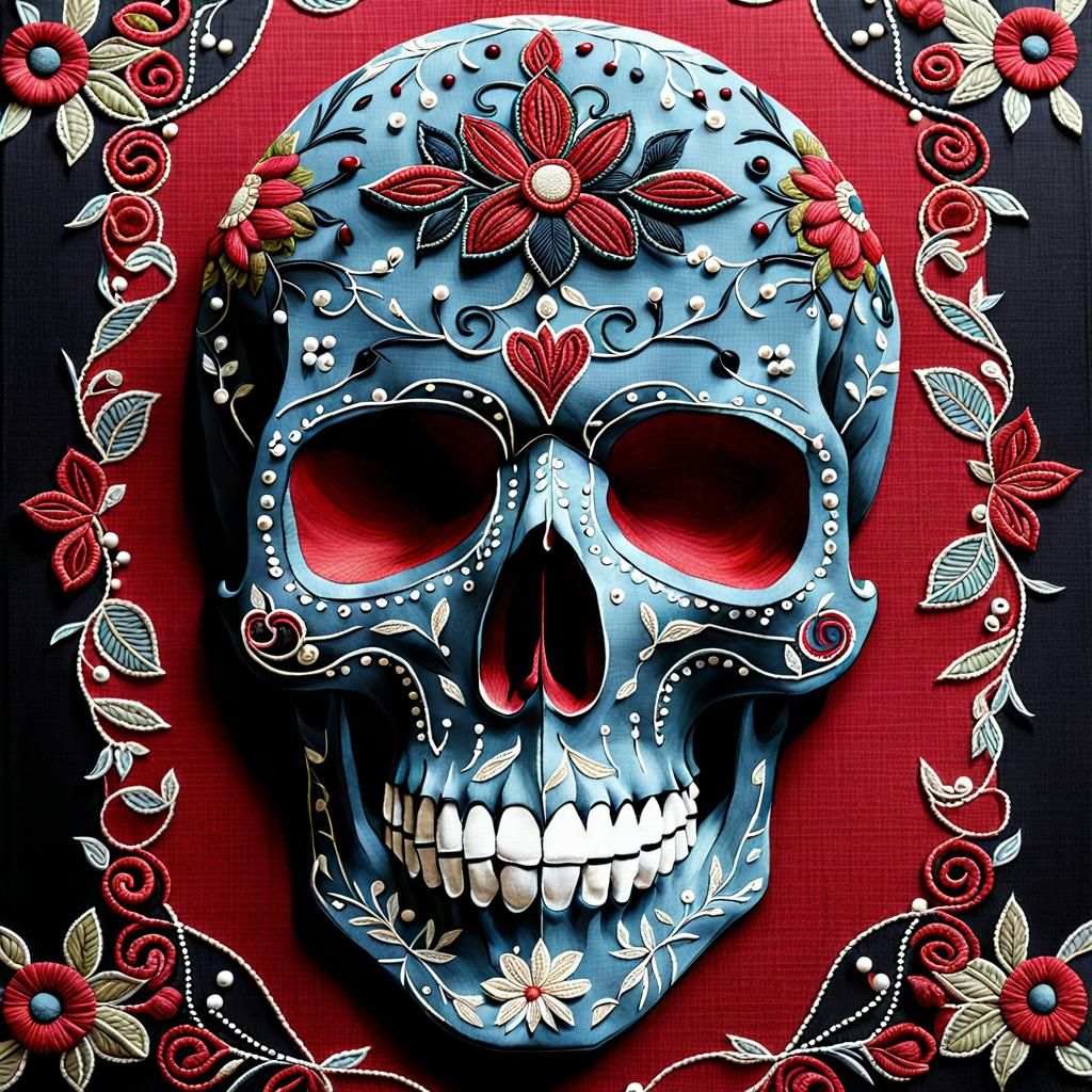 Intricately Detailed Embroidered Skull Textile Art