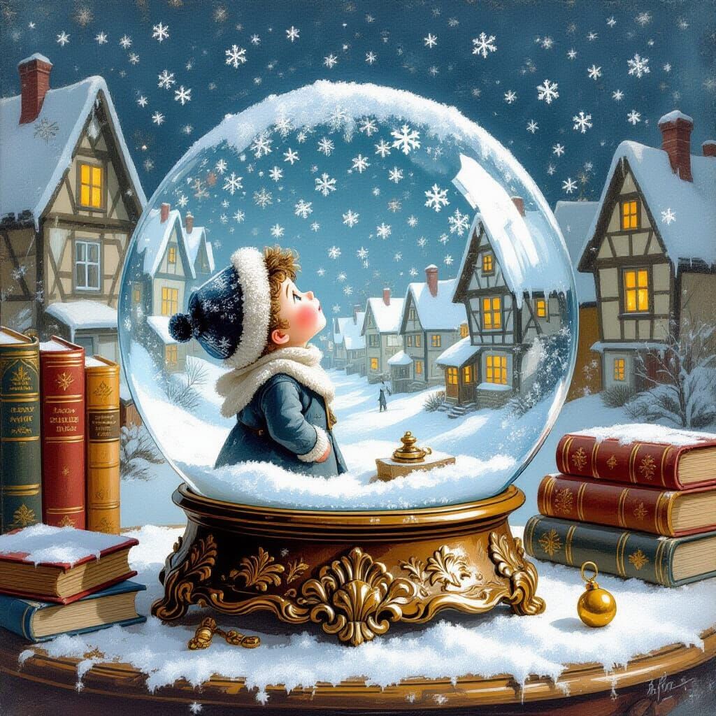 Hasidic Boy in Snow Globe, Dreamlike Chalk Art