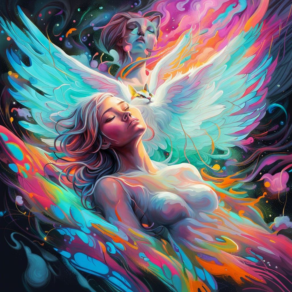 Ethereal Angel Cat Guardian in Graffiti Art Style