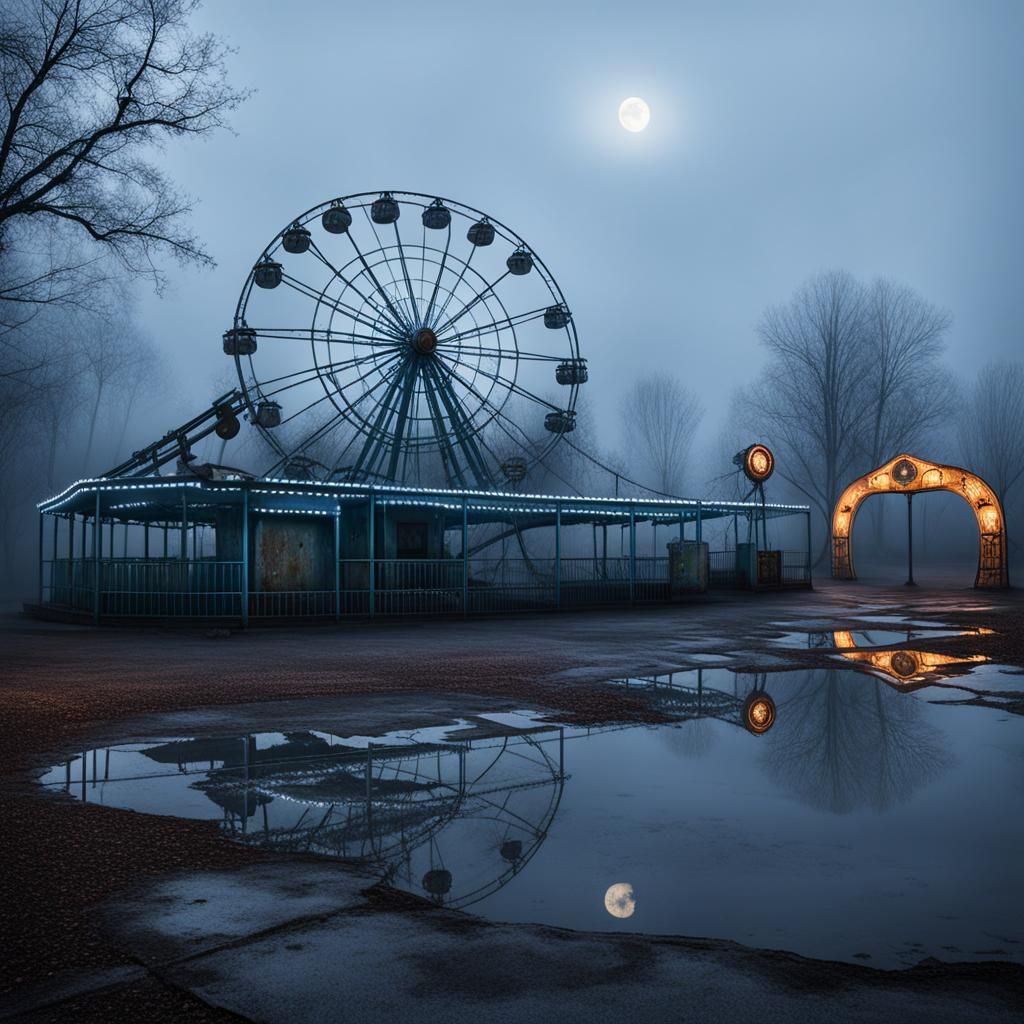 Eerie Abandoned Amusement Park at Night