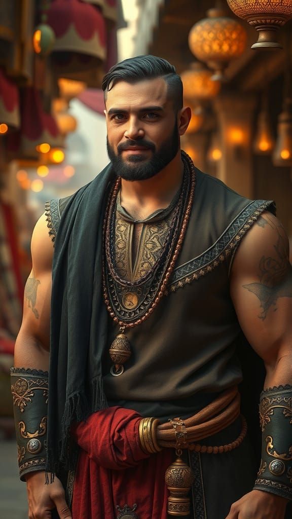 Dazzling Persian Warrior in Ancient Bazaar