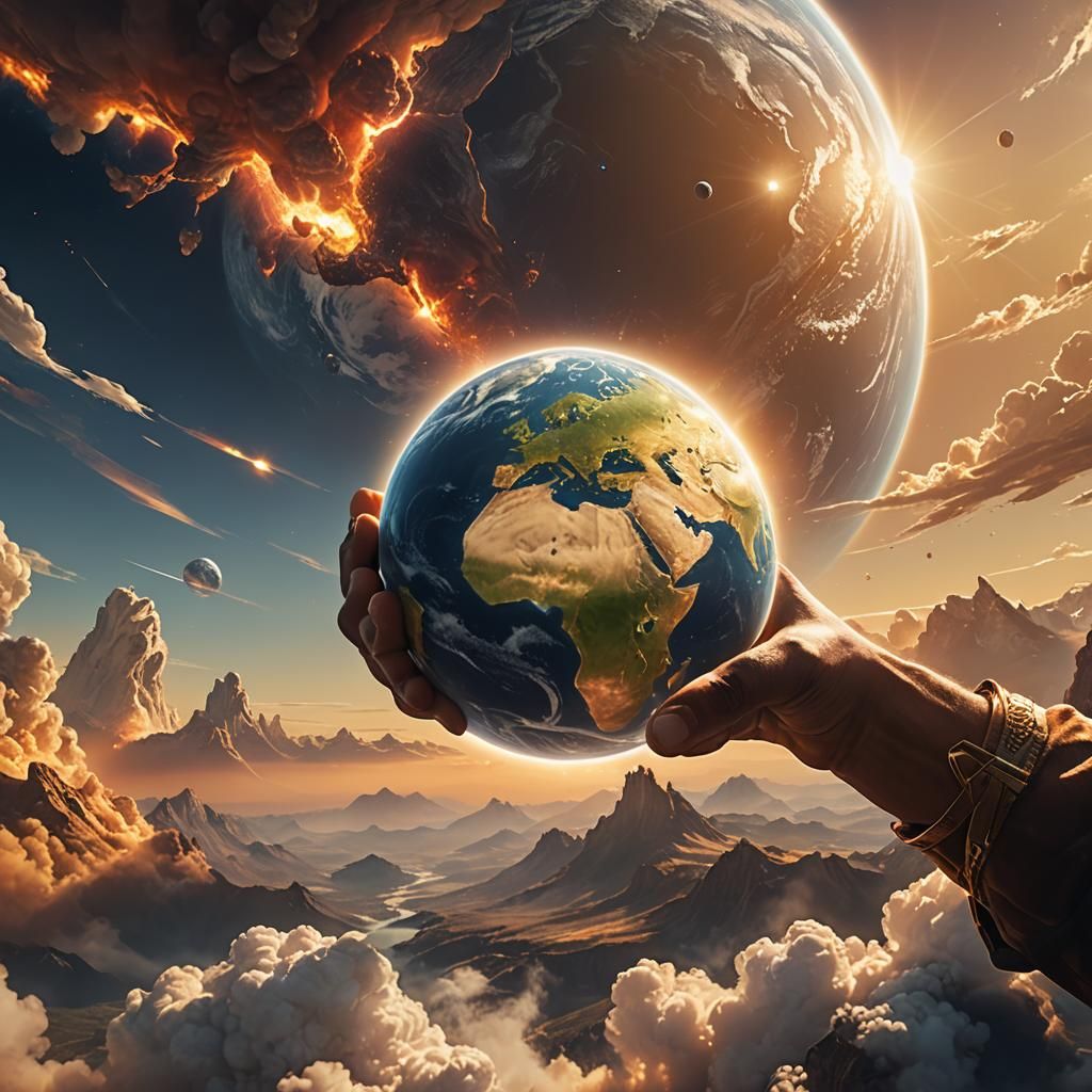 God's Hand Holds Earth: Cinematic Digital Art