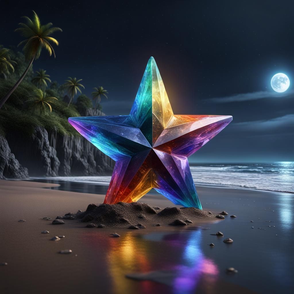 Rainbow Crystal Star on Macabre Beach at Night