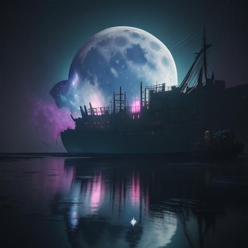 Ghost Ship Sails Nebula Under Moonlight: 3D Render