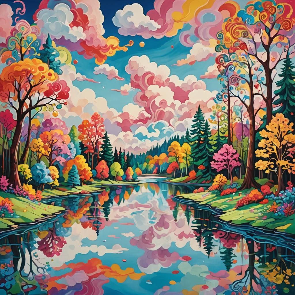 Vibrant Candyland Wonderland Reflected in Lake, Gouache Swir...
