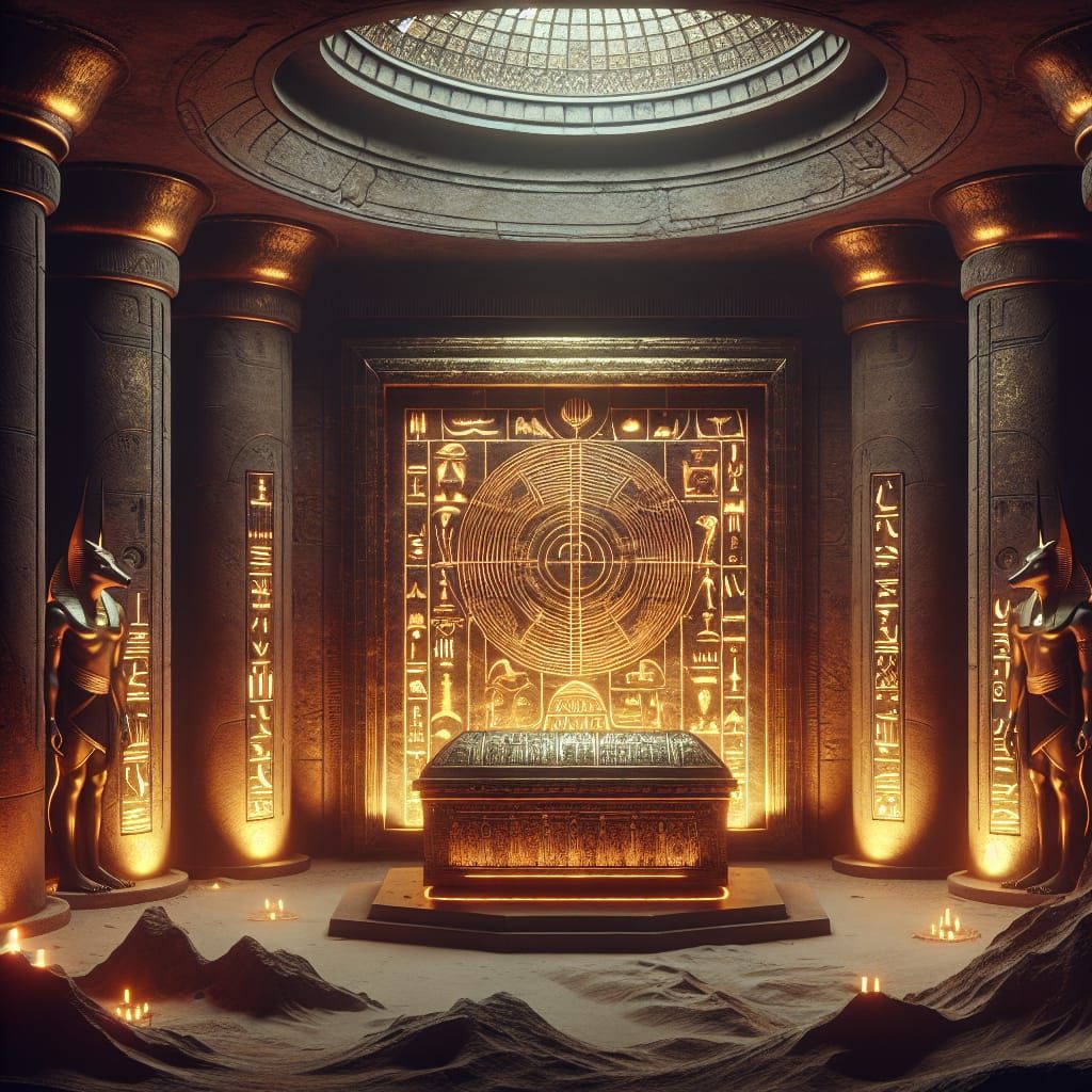 Secret Chamber in a Pyramid: An ancient, dust-covered sarcophagus lies at the center of a hidden chamber within a pyrami...