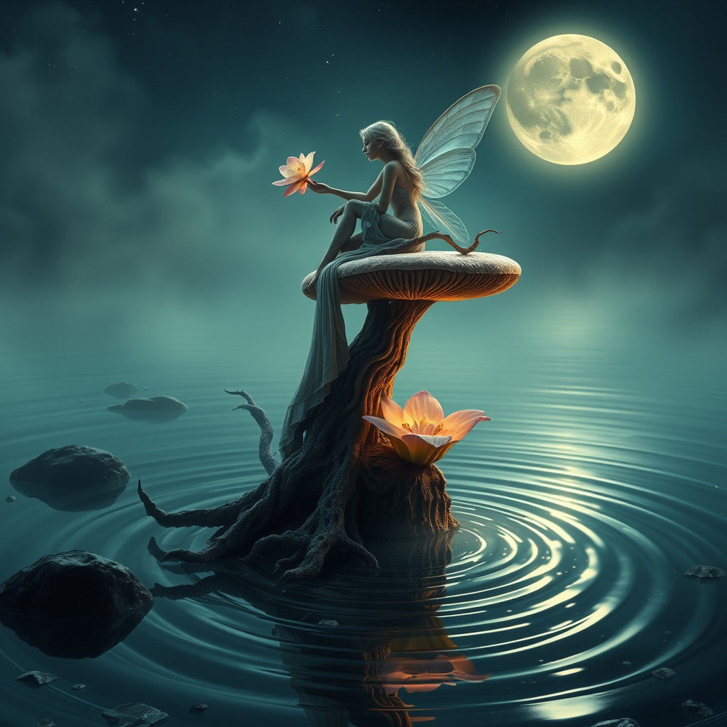 Fairy Releasing Flower into Moonlit River: Digital Matte Pai...