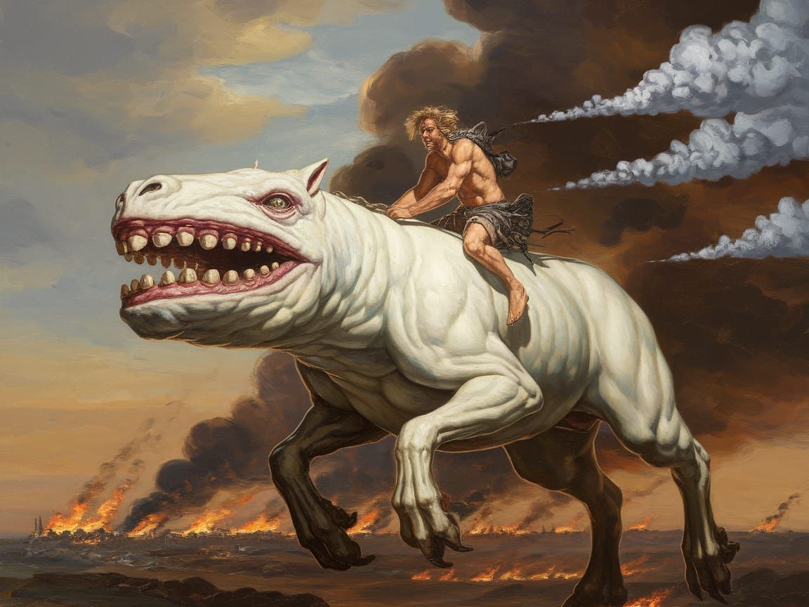 Wild Man Rides Albino Creature Over Burning City as Oil Pain...