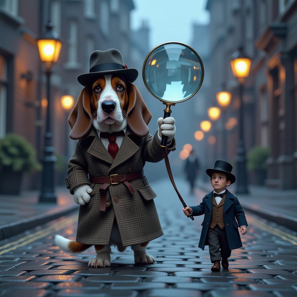 Sherlock Bones Basset Hound Parody in Foggy London