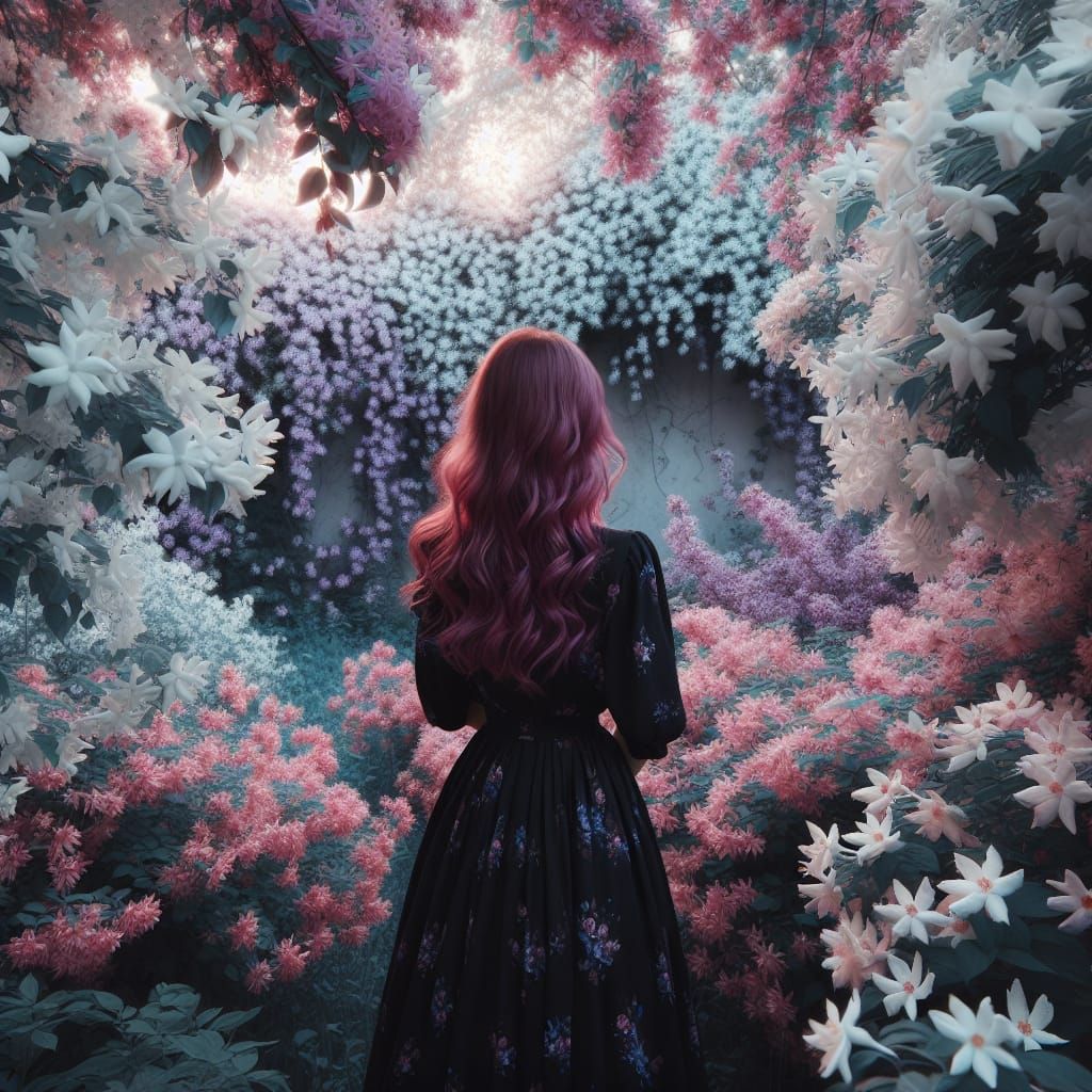 Enchanting Jasmine Garden with Woman in Black Dress