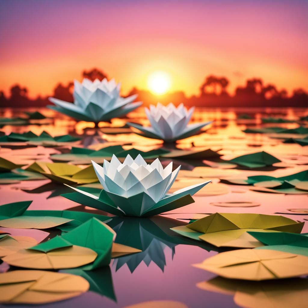 Origami Water Lilies at Sunset in Papercraft Style