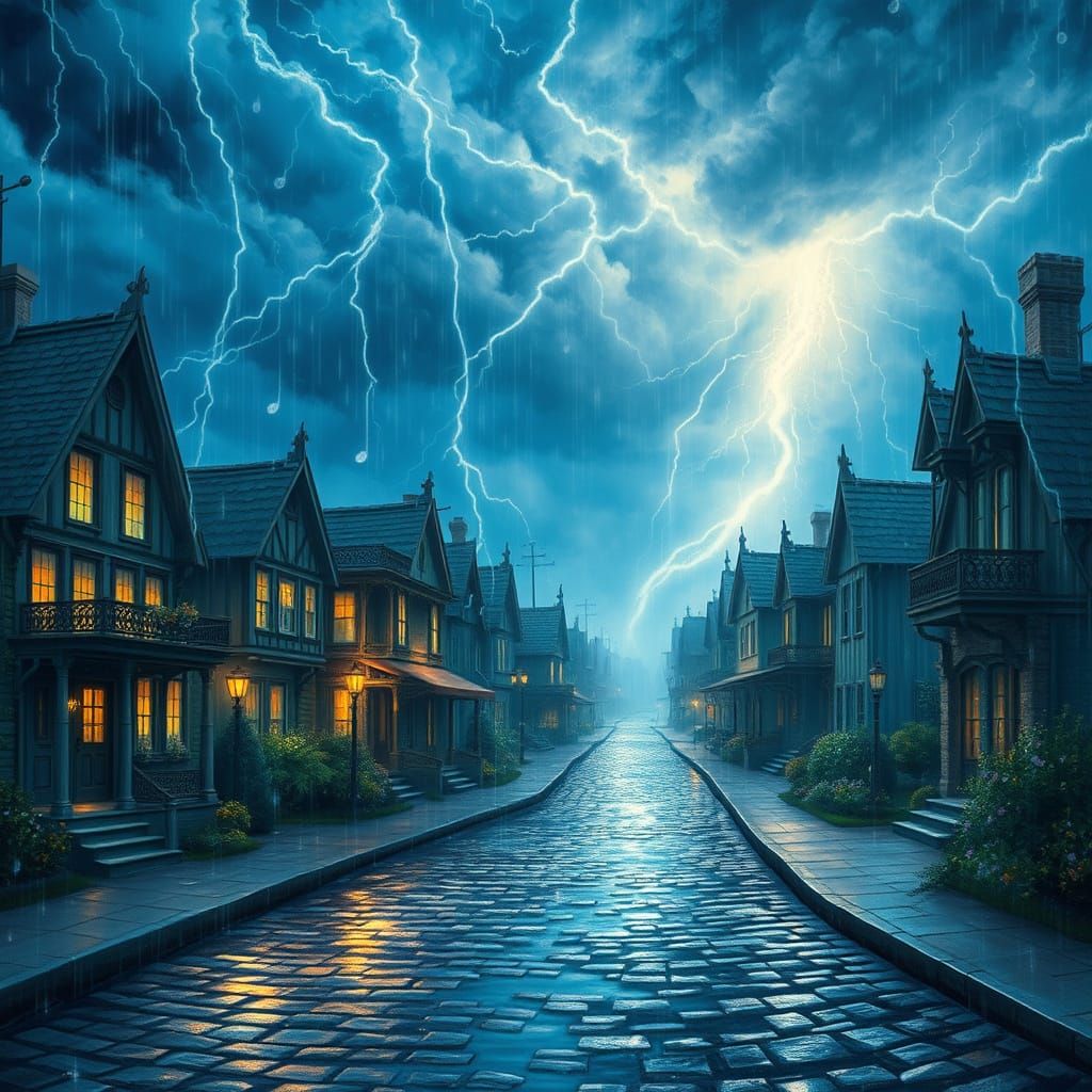 Whimsical Victorian Town Under Ethereal Storm