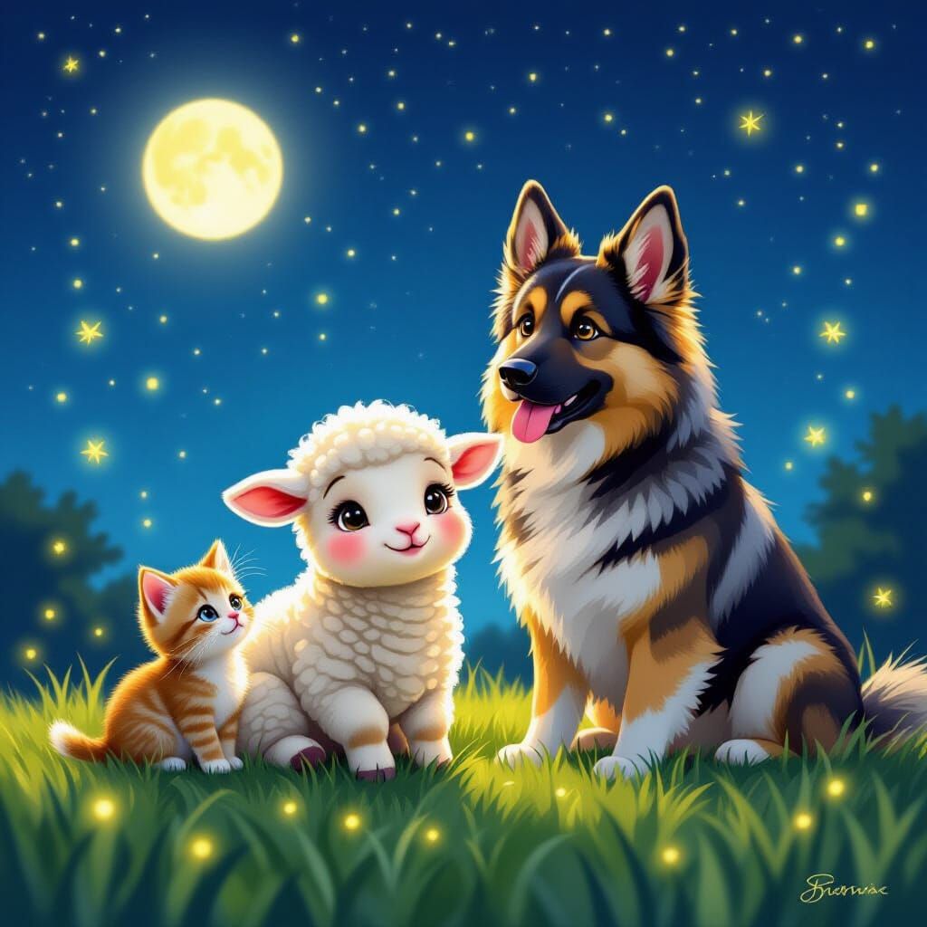 Fluffy Lamb, Kitten, and Shepherd Under Starry Night