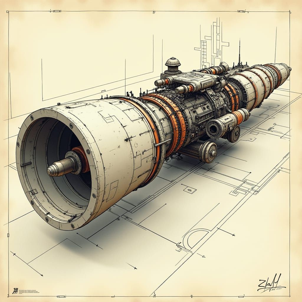 Futuristic Rocket Engine Blueprint in Technical Illustration...