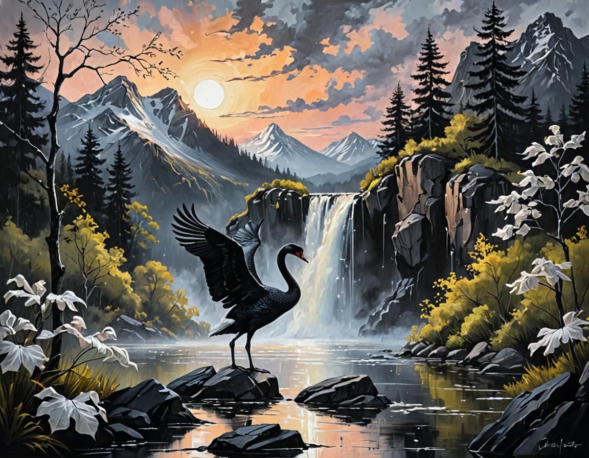 Black Swan Oil Painting with Silver Highlights