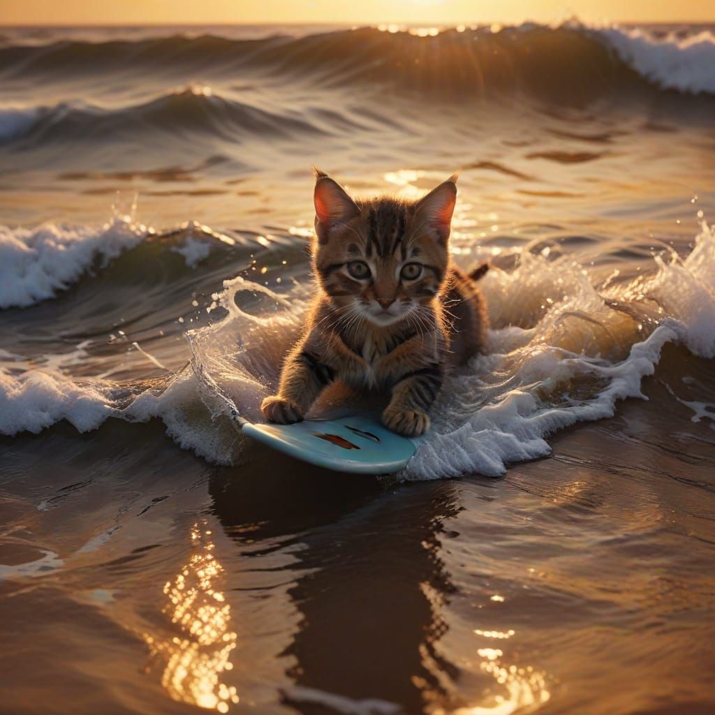 Vibrant Beach Sunset with Surfing Baby Cat in Oil Painting S...
