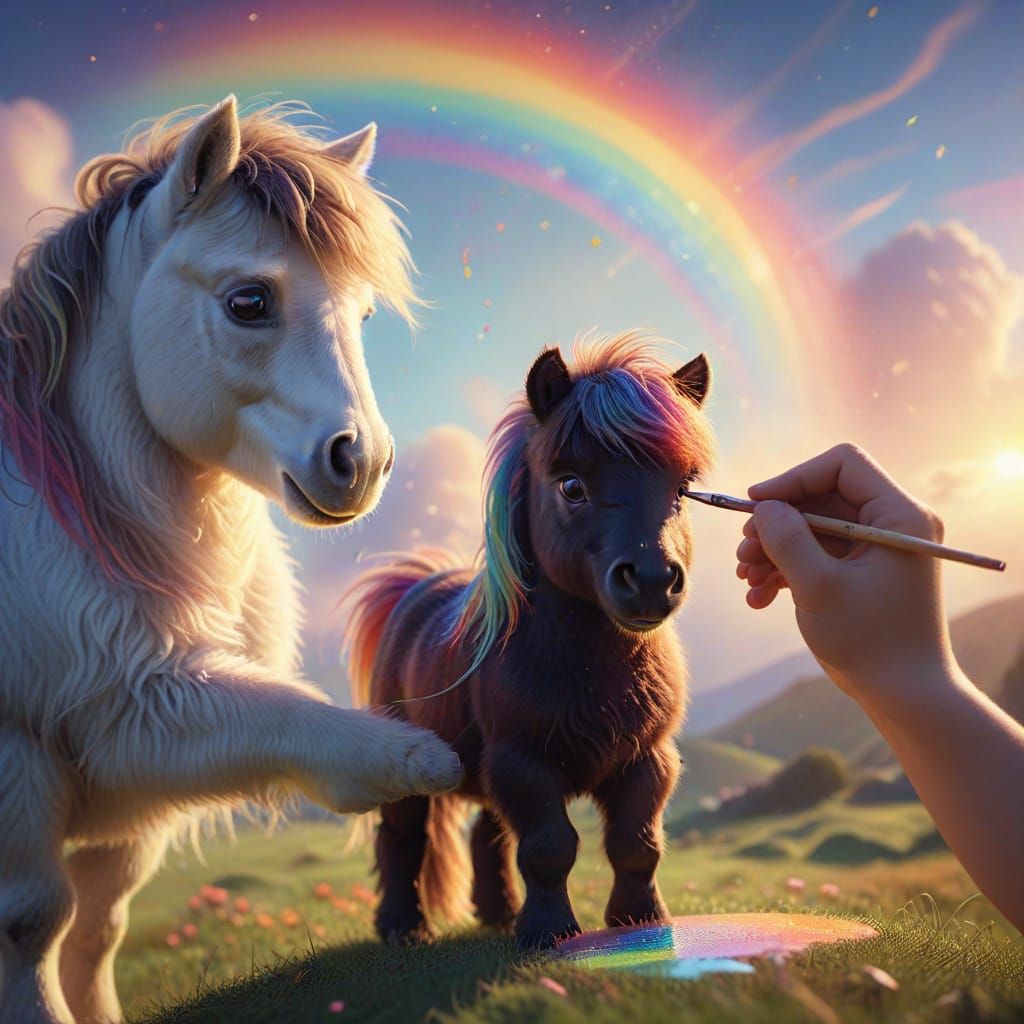 Child Painting a Pony in Watercolour Style